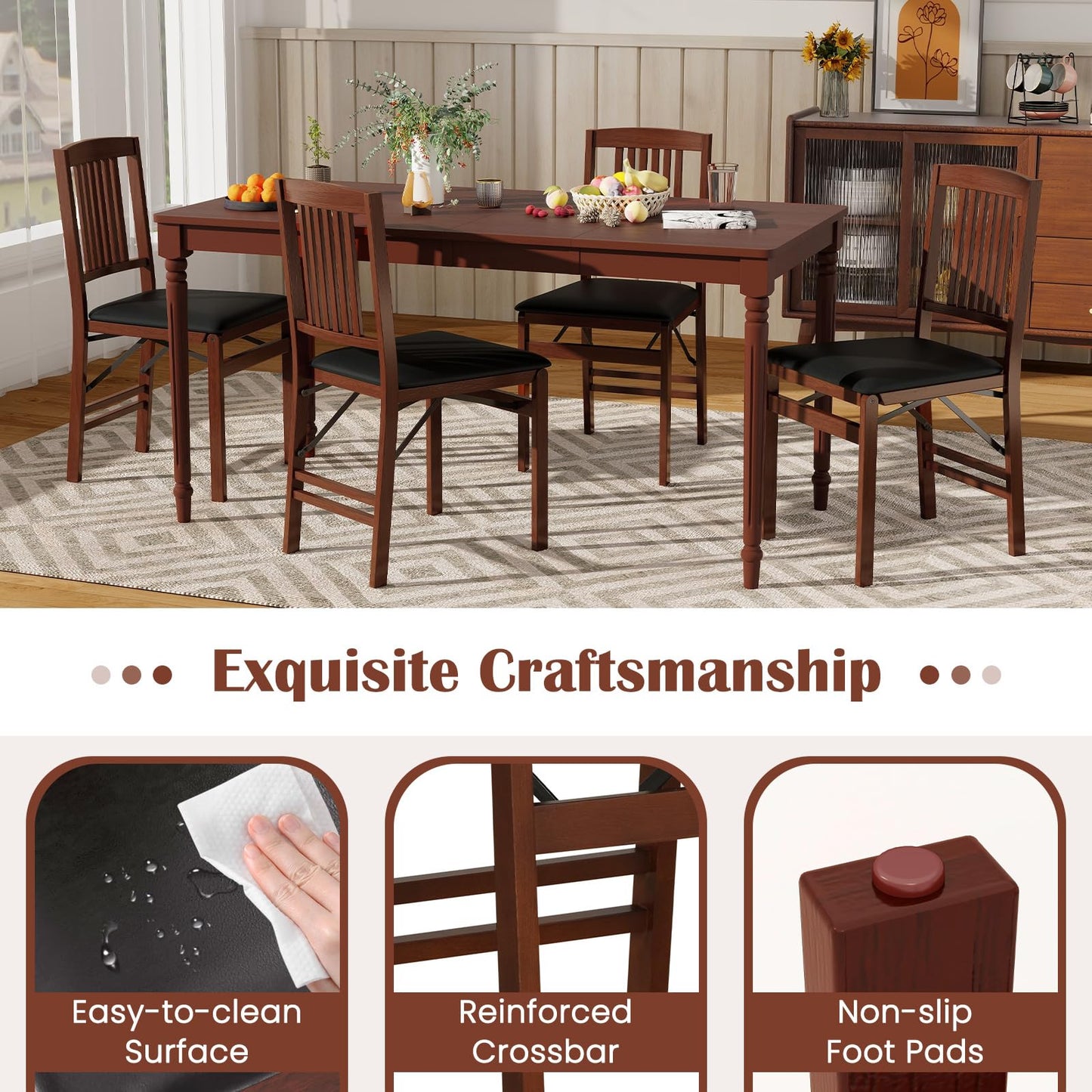 Giantex Folding Dining Chairs Set of 2, Foldable Wood Kitchen Chairs with Padded Seat, Max Load 420 Lbs, No Assembly, Wooden Dining Room Chair, Armless Side Chair for Home Apartment, Brown & Black