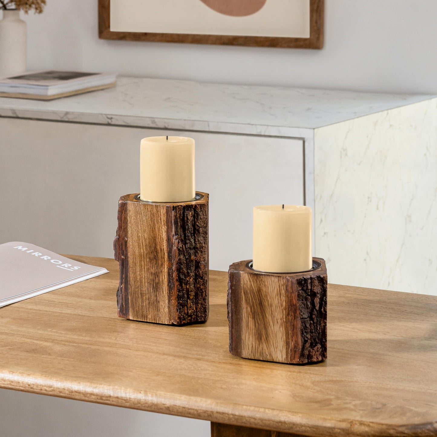 JFY Designs Hand Carved Solid Wood Candle Holder Set of 2 - Pillar Candle Holders Decorative Candlestick Holder for Home Décor, Wedding, Dinning, Party