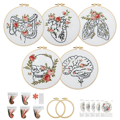 5 Sets Skull Embroidery Kits for Beginners Adults, Anatomy Embroidery Starter Kit for Doctors Nurses Christmas Gifts with Floral Stamped Pattern DIY Needlepoint Kit Cross Stitch Set Includes 2 Hoops