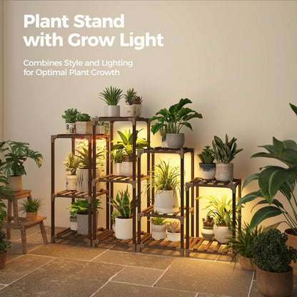 Bamworld Plant Stands with Grow Lights Indoor 4 Sets Plant Shelves Outdoor Wooden Plant Holder for Multiple Plants Flower Stands for Living Room Balcony Garden Patio Lawn Window