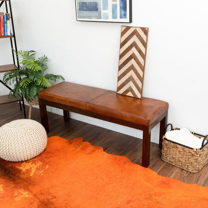 GDFStudio Mid-Century Modern Entry Bench, Tan Genuine Leather Rectangle Ottoman with Solid Wood Legs, Upholstered Dining Room Bench for Bedroom Living Room Hallway Indoor Home Furniture, Brown