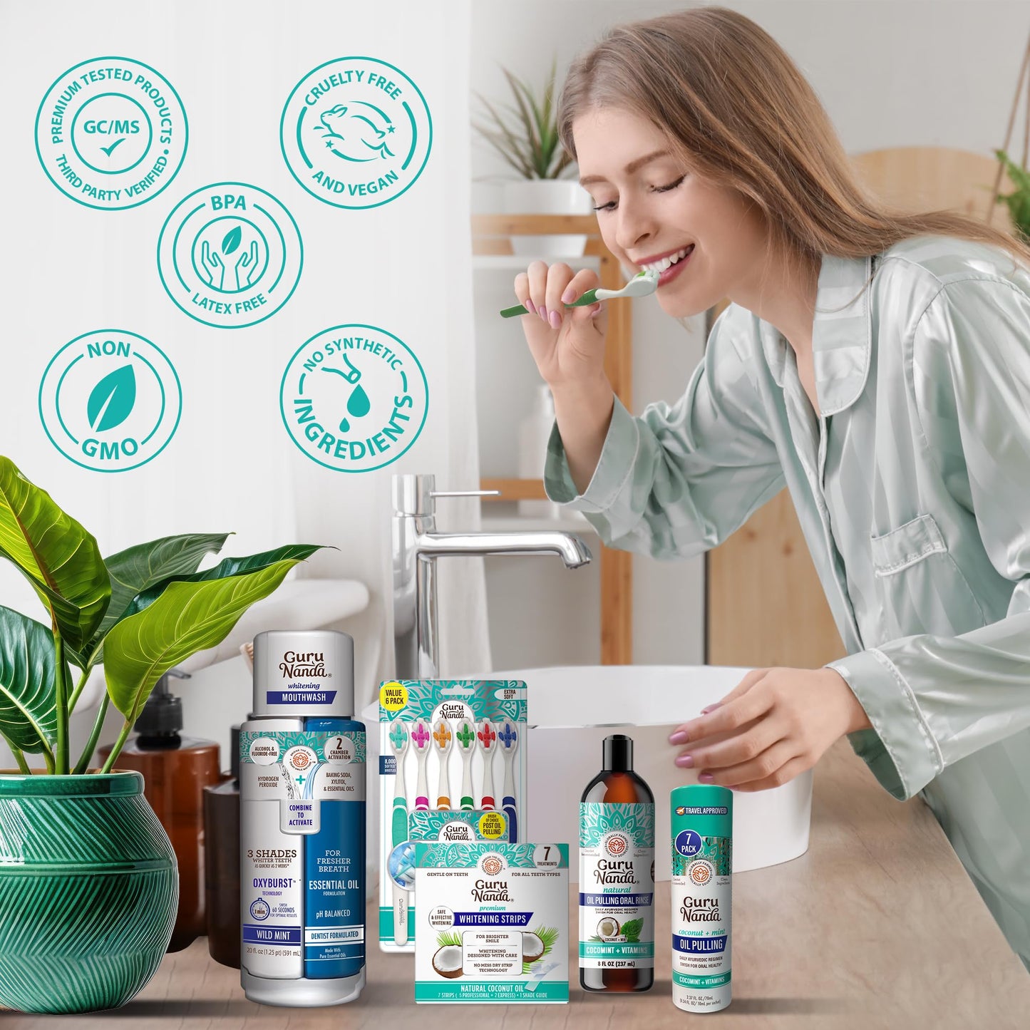 GuruNanda Total Smile Makeover Kit Regular with Cocomint Oil Pulling, Dual Barrel Whitening Mouthwash, Whitening Strips & Butter on Gums Toothbrushes