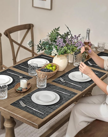 Leetaltree Black and Grey Woven Placemats Set of 8 - Heat Resistant Non-Slip Place mats for Dining Table, Washable Durable PVC Vinyl Woven Table Mats(Black & Grey, 8)