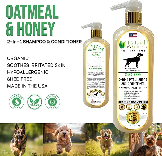 Pet Shampoo & Conditioner, Shed Free 2-in-1, Oatmeal and Honey, Organic, Hypoallergenic, Vegan, Natural Extract, for Healthy Skin & Coat, 32 Fl Oz, for Dry Itchy Skin, All Breeds, by Natural Wunderz