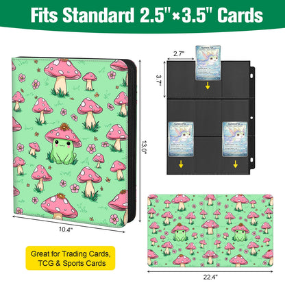 UGYAZX Cute Frog & Mushroom 9-Pocket Trading Card Binder Album, 900 Card Zipper Binder with 50 Removable Sleeves, Refillable 3-Ring Card Book for MTG, TCG and Sports Cards, Fits 2.5" x 3.5" Cards