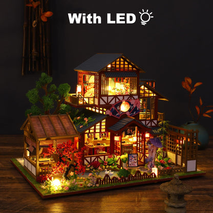 Hallisun DIY Miniature House Building Kits, Japanese Restaurant and Momo Tea House 3D Wooden Dollhouse Toys, Birthday Festival Gift for Teens Adults with Dustproof Covers