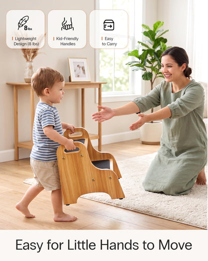 StrongTek Wooden 2 Step Stool, Non-Slip Surface with Handles, 350 lb Capacity, Compact Step Stools for Bathroom, Kitchen, Bedroom and Home Use (Natural)