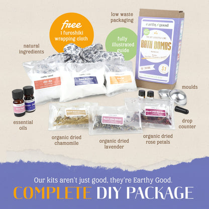 Earthy Good DIY Bath Bomb Kit With Organic Ingredients 100% Natural Includes: Essential Oils, Dried Rose, Chamomile & Lavender, Molds, Guide & More- Includes Furoshiki Cloth- Makes 10 Mini Bath Bombs