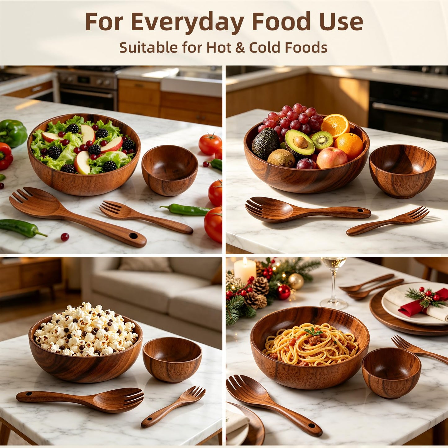 E-ROOM TREND Acacia Wood Salad Bowl Set (4-Piece), Durable & Easy to Clean, Wooden Salad Bowl with Serving Utensils for Salad, Fruit, Pasta, Everyday Kitchen Use
