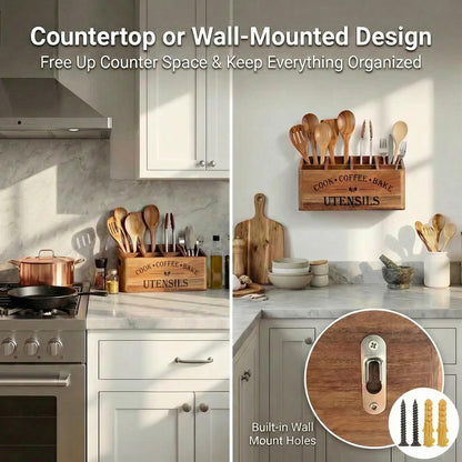YanKiTour Wooden Kitchen Utensil Holder, Acacia Wood, Extra Large, 4-Compartment, Countertop Organizer, Wall Mount Option, Cooking Utensil Caddy, Ventilation Holes & Non-Slip Pads (4 Compartments)