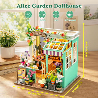 Hallisun DIY Miniature House Kit, Alice Garden Tiny 3D Wooden House Making Set for Adults, Dollhouse Bookshelf Decor with Furniture & LED Lights, Christmas Birthday Greenhouse Craft Gift for Friend