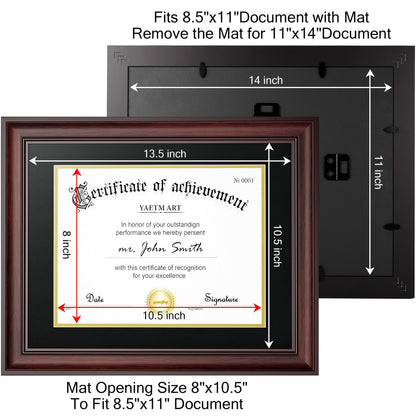 Yaetm 11x14 Diploma Frame, Certificate Frame with Tempered Glass, Display 8.5x11 Document with Black Over Gold Acid-free Mat or 11 x 14 without Mat, Wide Molding (Single, Mahogany)