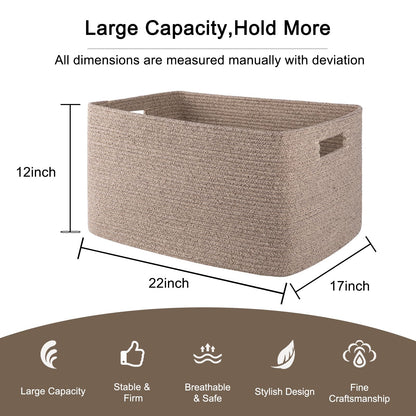 OIAHOMY 75L Large Woven Cotton Rope Storage Basket with Handle for Organizing Blanket and Toys for Living Room, Nursery, Brown Variegated 22”x17”x12”