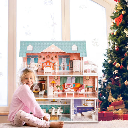 ROBUD Wooden Dollhouse for Kids Girls, Toy Gift for 3 4 5 6 Years Old, with Furniture Blue