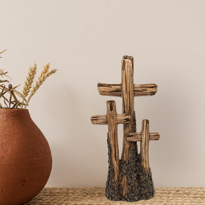 BestGiftEver Rustic Tabletop Resin Cross - Driftwood Design with Three Crosses on a Hill - Spiritual Home Décor for Living Room, Bedroom, and Gift for Family & Friends