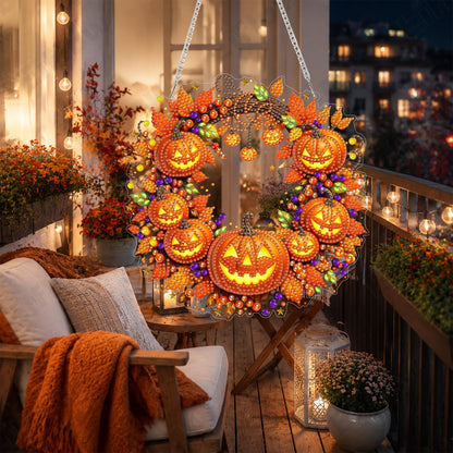 Eiflow Acrylic Diamond Art Hanging Kit for Adults Halloween, DIY Diamonds Painting Door Hanger Board Kit, Special Crystal Diamond Art Painting Pendant Ornament (Pumpkin Wreath)