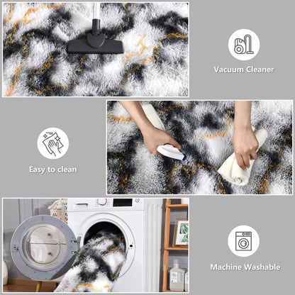 DweIke Fluffy Black White Gold Rugs for Bedroom Living Room, 4x6 Feet Soft Plush Shaggy Tie-Dyed Girls Boys Kids Rug, Upgraded Non-Slip and Machine Washable Carpet for Dorm Nursery Classroom Decor