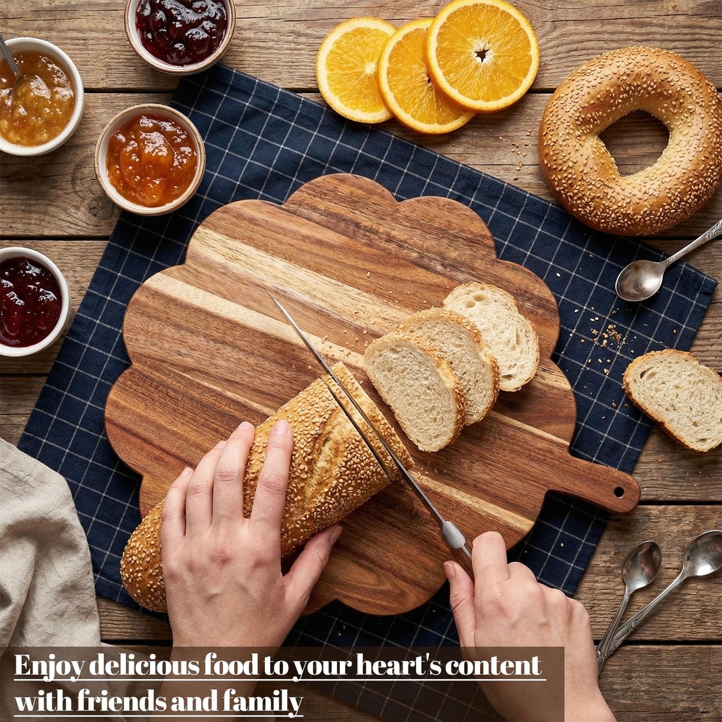 Havawish Scalloped Acacia Wood Boards Wooden Cutting Board for Bread Meat Cutting Boards Fruit Cheese Serving Butcher Block Supplies 11.81 x 11.81 x 0.63 Inches