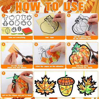 AmazingSpark 36 Set Thanksgiving Harvest Fall Suncatcher Paper Crafts Kit DIY Autumn Leaf Pumpkin Stained Glass Effect Tissue Paper Hanging Suncatchers Decor for Autumn Festival Art Party Supplies