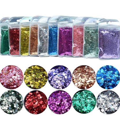 10 Bags Chunky Glitter, Foluvinzzis Holographic Hexagon Crafts Sequins Mix Glitter for Tumbler, Resin, Epoxy, Slime, Holiday Decoration, Nail Arts, Printing, Face, Hair, Makeup