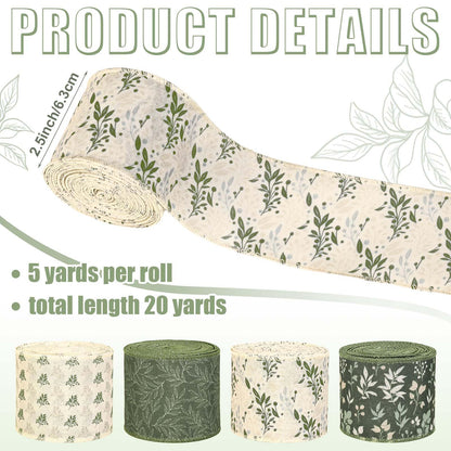 4 Rolls 20 Yards Sage Green Wired Edge Ribbon 2.5 Inch Spring Botanical Floral Buralp Ribbon Greenery Flower Fabric Ribbon for Gift Wrapping DIY Bow Wreath Making Spring Holidays Party Decorations
