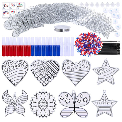 Winyn 24 Sets Patriotic Suncatchers Ornaments Decorations DIY Window Paint Art Stickers Craft Kit American Star Heart Sun Catchers for Kids Classroom 4th of July Activity Art Projects Party Favors