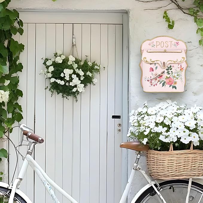 Vintage Wall Mount Mailbox for House Outside Metal Decorative Door Mailbox Antique Style Nostalgic Charm Home Decor Garden Vintage English Cottage for Home Garden House Farmhouse Porch Decor (Pink)