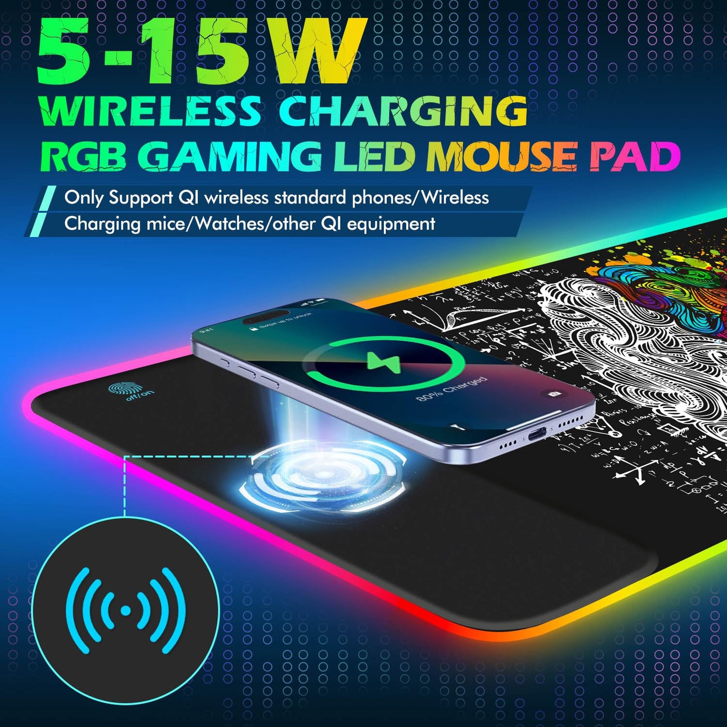 ToLuLu RGB Gaming Wireless Charging Mouse Pad, 5/7.5/10/15W 10 Light Modes LED Mouse Pad Computer Keyboard Mat Mousepad, 800x300x4MM Extended Large Desk Mat for Gaming, MacBook, Laptop, PC, Galaxy