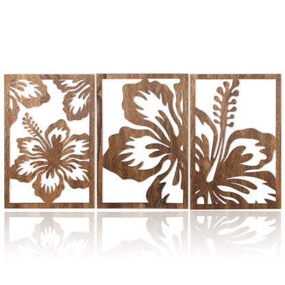 Motivilla 3 Pieces Wood Wall Art Floral Decor, 3D Layered Flowing Flower Wooden Wall Sculptures, Nature Inspired Hanging Aesthetic Decor for Living Room Bedroom Office (Dark Flower, Large)