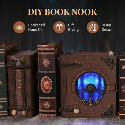Book Nook Kit, DIY Miniature Dollhouse Magic Booknook Kit, 3D Wooden Puzzle Bookend Bookshelf with LED Light for Adults Teens (Circle of Magic)