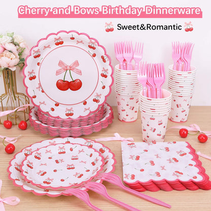 Cherry Birthday Decorations, 182Pcs Cherry Plates Napkins Cups Forks Tablecloth Banner Hanging Swirls Cupcake Toppers and Ballons for Cherries Themed Party Decorations