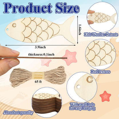 Gerrii 72 Pieces Wood Fish Cutouts Unfinished Wooden Cutouts with Holes Blank Wooden Hanging Ornaments Slices with Twine for DIY Crafts Party Decorations