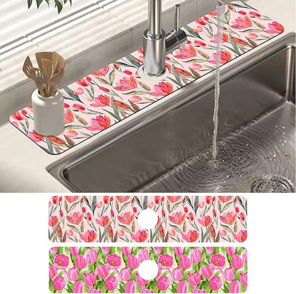 2 Pack Watercolor Tulips Sink Faucet Absorbing Mat Pink Tulips Super Absorbent