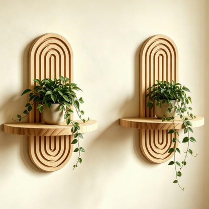 2 Pack Boho Wall Decor Shelf, Solid Wood Arched Wall Shelves, 11.8" X 7.8" Rustic Wall Mounted Shelves for Indoor, Wall Plant Holder for Succulents & Mini Plant Pots (Natural, 11.8" X 7.8")
