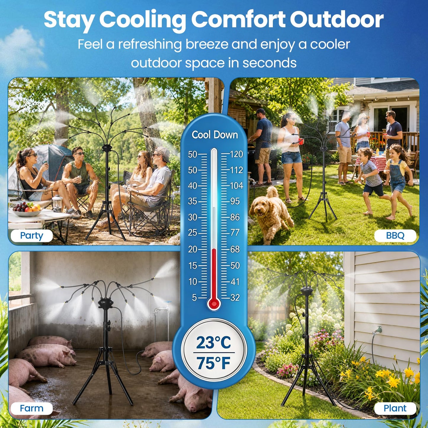 MIXC 8-Nozzles Standing Misters for Outside Patio, 2.6-5.3FT Adjustable Outdoor Misting Cooling System with 36FT Leak-Resistant Water Tubing, Portable Mist Hose for Patio, Backyard & Pool