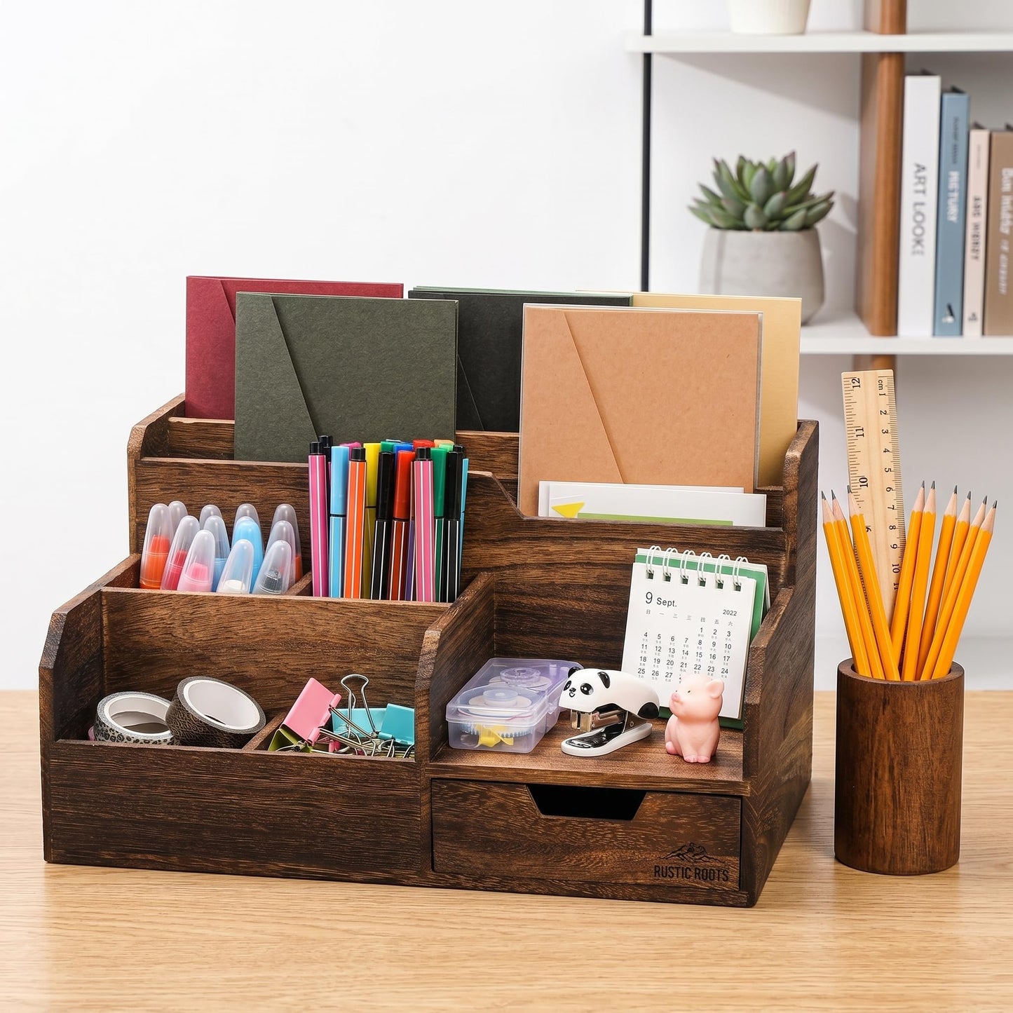 Pumtus Brown Wooden Desk Organizer, Mail Organizer with 7 Compartments and Drawer, Rustic Mail Sorter with Pen Holder, Tabletop Mail Basket, Office Accessories Holder for File Letter Document