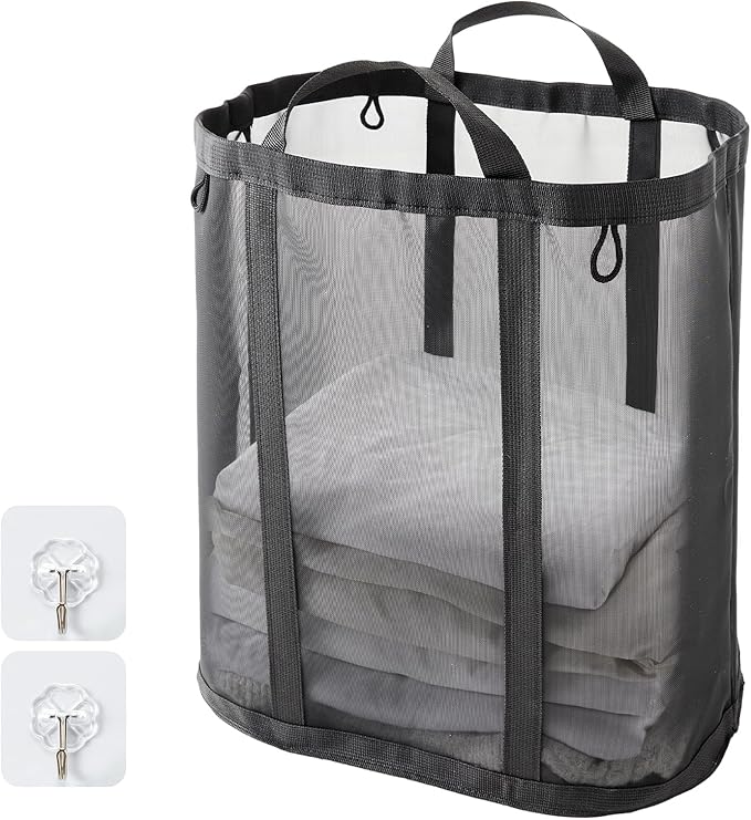 Mesh Laundry bag with Handles, 42L Collapsible Laundry Basket with 2 Hooks