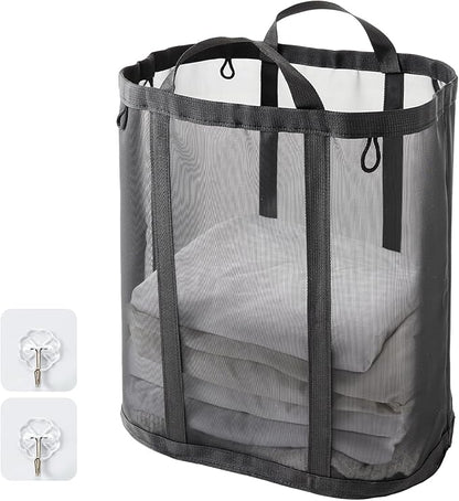 Mesh Laundry bag with Handles, 42L Collapsible Laundry Basket with 2 Hooks