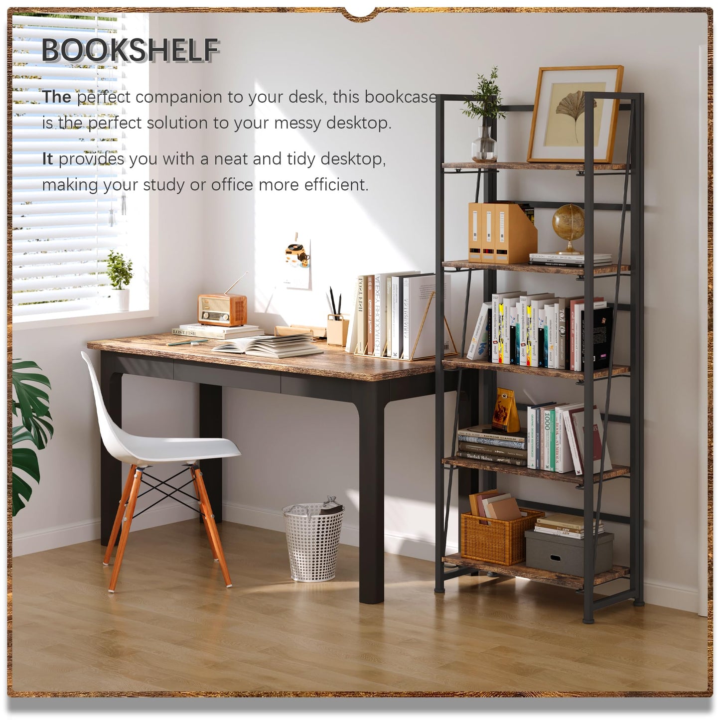 4NM No Assembly Folding Bookshelf, 5-Shelf 62.2" H Collapsible Foldable Bookcase Storage for Small Spaces, Rustic Brown and Black