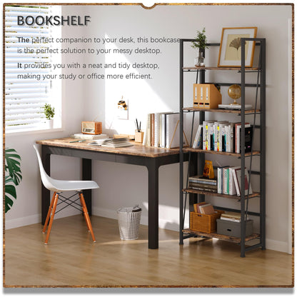 4NM No Assembly Folding Bookshelf, 5-Shelf 62.2" H Collapsible Foldable Bookcase Storage for Small Spaces, Rustic Brown and Black