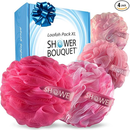 SHOWER BOUQUET Pink-Loofah Bath-Sponge XL 4-Pack // Extra Large 75g Soft Mesh Net Pink Loofa Loufa Luffa Lufa Puff Set/Exfoliating Body Scrubber for Women and Men - Exfoliate & Soothe Face & Body
