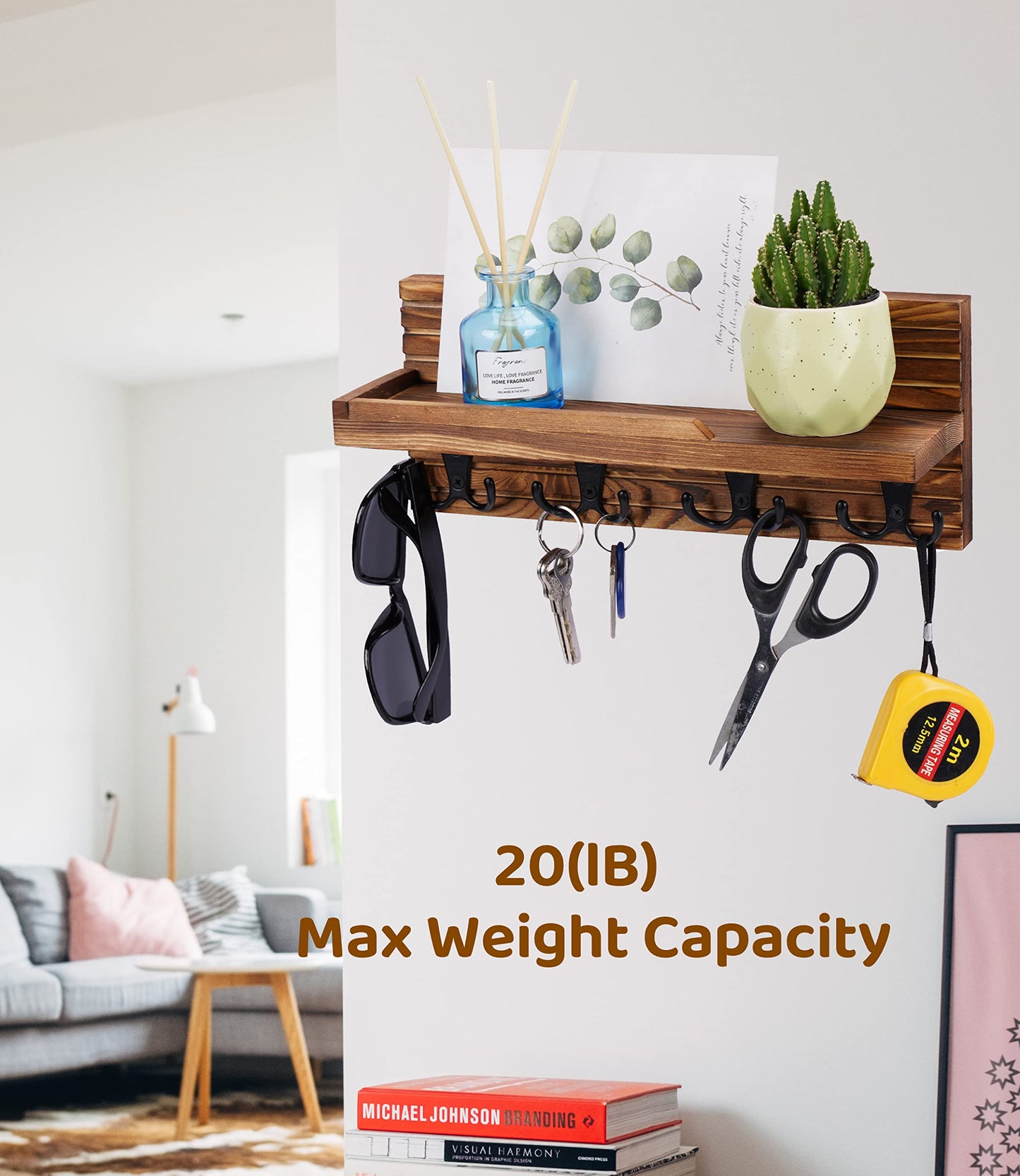 WeBravery Decorative Key Hanging Rack with 4 Double Hooks – Easy Install Natural Wooden Key and Mail Holder for Wall Mount – Entryway Decor Rack with Shelf (Brown)