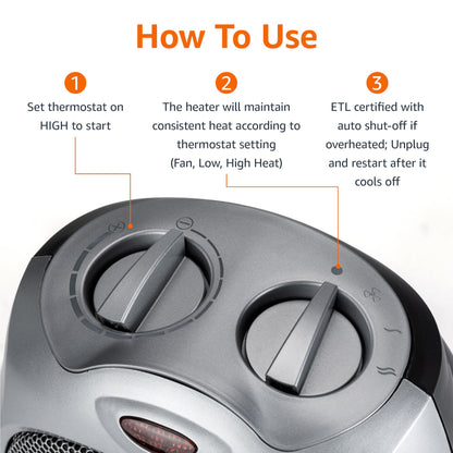 Amazon Basics Ceramic Space Heater, Portable Indoor Heating Solution, With Overheat and Tip-Over Protection, Thermostat, Non-Oscillating, 1500W, Fast Heating, 7.52"D x 6.34"W x 9.45"H, Silver