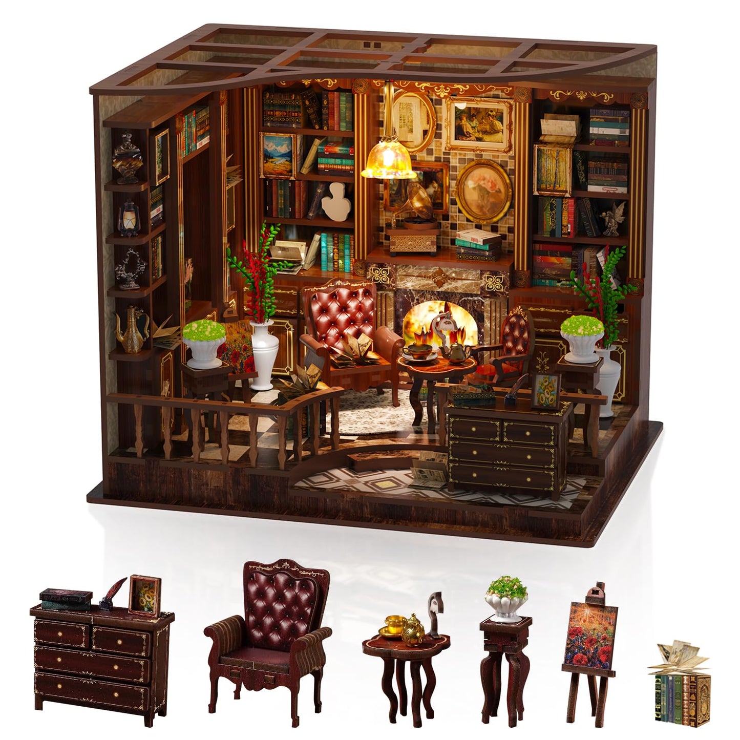 Hallisun DIY Miniature House Kit, Mini 3D Wooden Left Bank Study Building Kit with Furniture and LED, Tiny Diorama Dollhouse Model Set, Handmade House Craft Birthday for Adults Teens