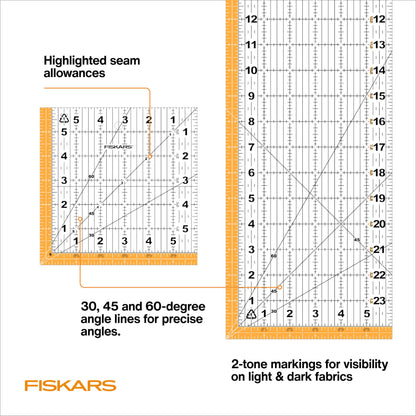 Fiskars 3-Piece Ruler & Connector Set, 6.5"x6.5" and 6.5"x24.5" Rulers, Precision Measuring Tool for Arts & Crafts, Easy Alignment & Cutting