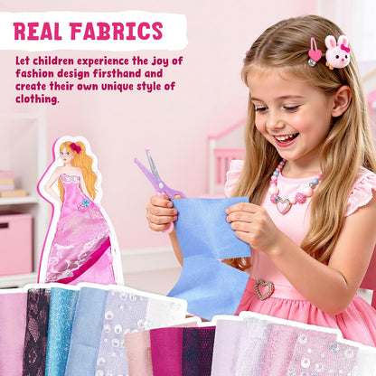 Poke-in Fashion Designer Kit for Girls, No-Sew DIY Craft Toys with 6 EVA Mannequins & Real Fabric, Safe & Non-Toxic Creative Dress Up Activity, Mess-Free Arts and Crafts Gift for Girls Age 5-12