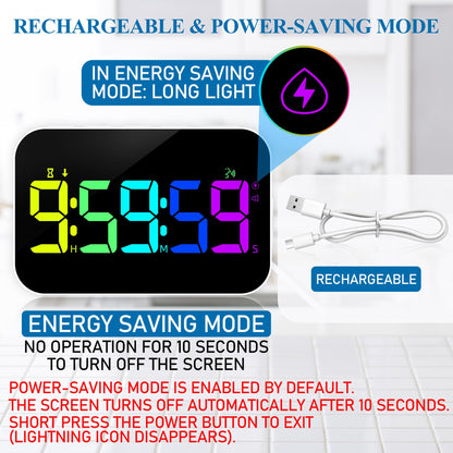 Kitchen LED Digital Timer Rechargeable, RGB Count Down Up Digital Timer with Vioce Reminder for Kitchen Classroom Cooking Study, Vibration Mode 3 Level Adjustable Volume and Brightness