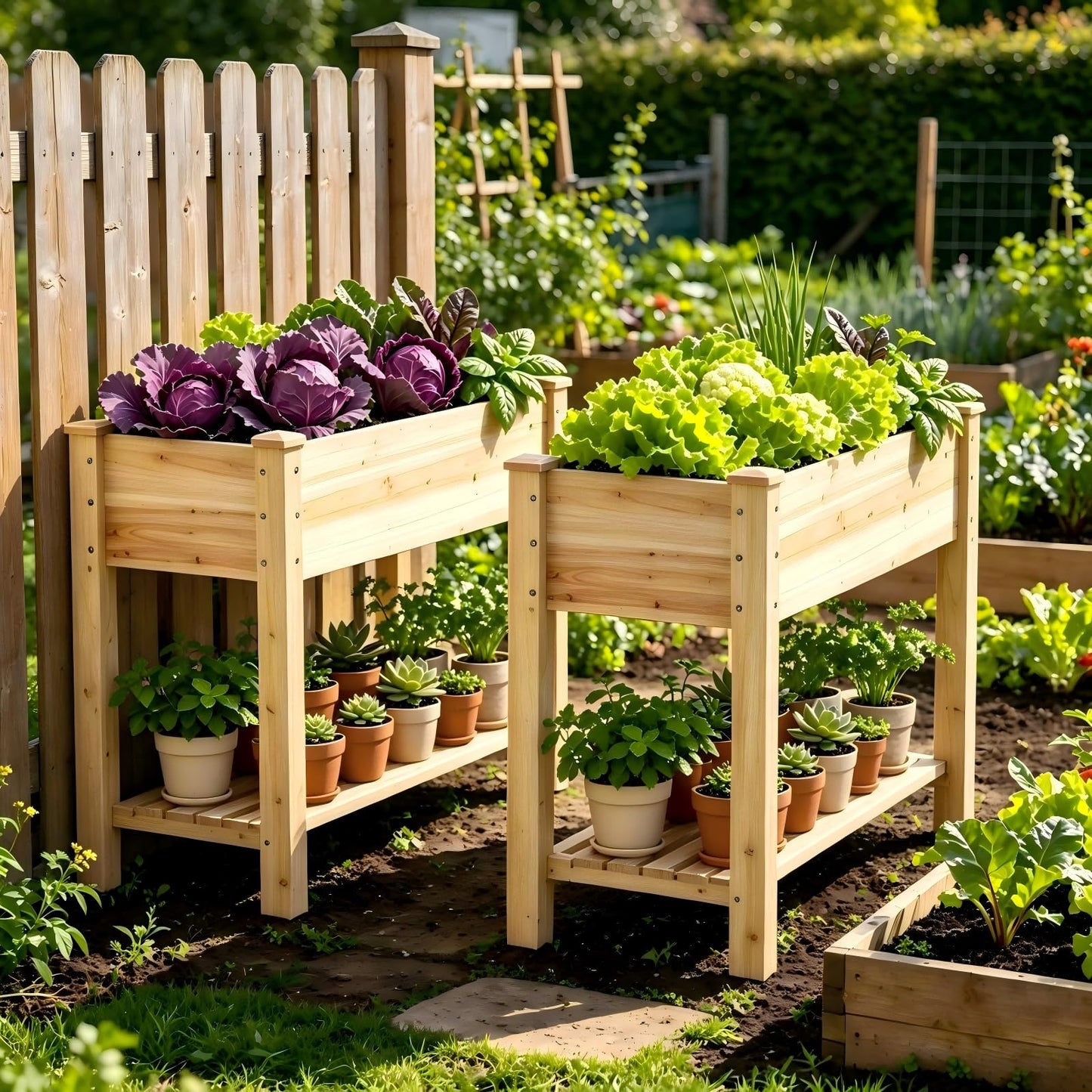 48x24x30.7in Wood Raised Garden Bed with Legs Wooden Planter Box with Storage Shelf Elevated Wood Planter Box for Vegetables Flowers Herbs Garden Planter for Backyard Patio Balcony (Natural, Medium)