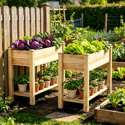 48x24x30.7in Wood Raised Garden Bed with Legs Wooden Planter Box with Storage Shelf Elevated Wood Planter Box for Vegetables Flowers Herbs Garden Planter for Backyard Patio Balcony (Natural, Medium)