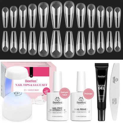 Beetles Gel Nail Extension Kit Almond Shape, Easy 9 in 1 Glue Uv Led Set Etch X Nail Tips Short Almond Half Matte Tips, Gift for Women & Girls, 504 pcs